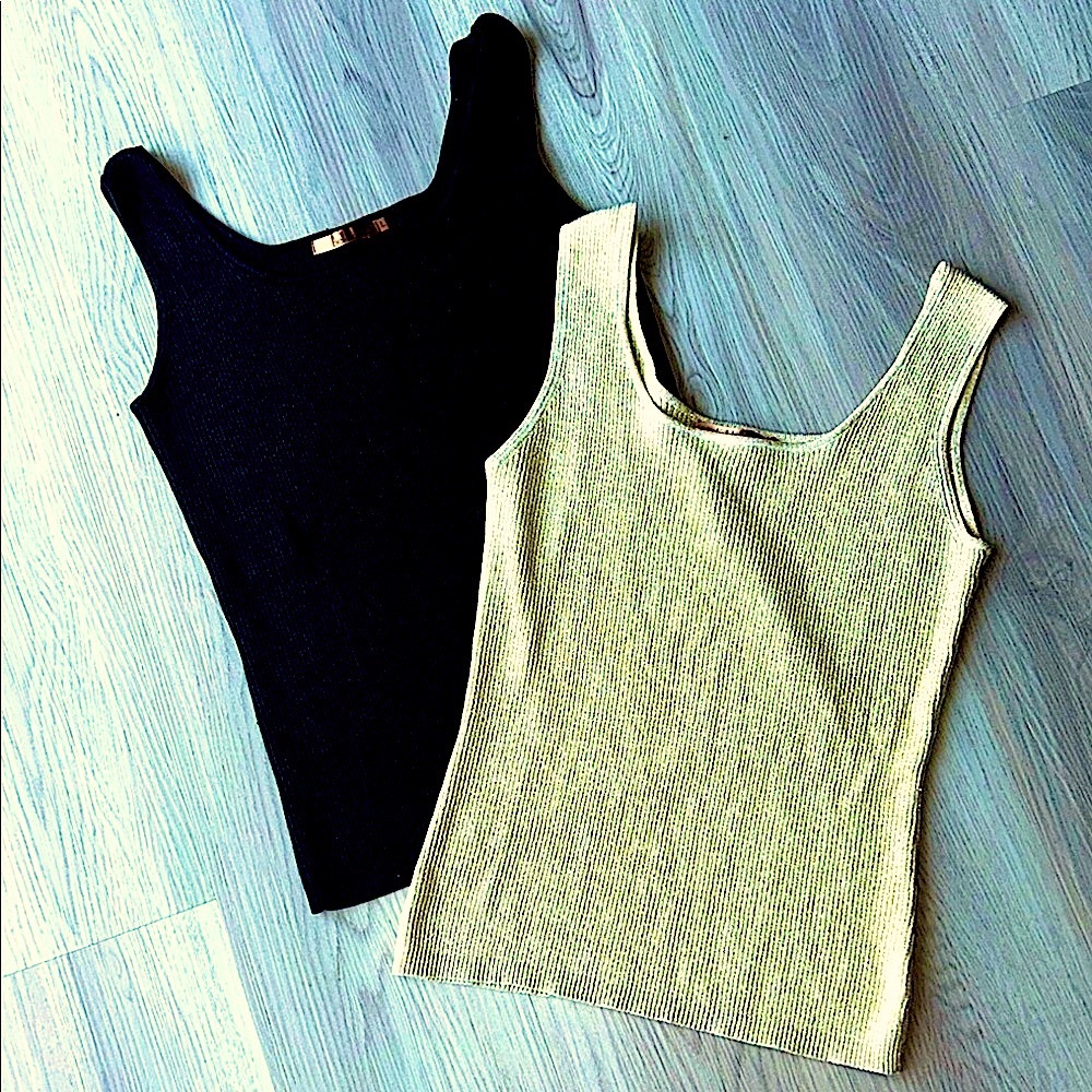 Belldini Silk Blend Glitter Tank Tops L Women's Set/2 Black Gold Glam Lagenlook